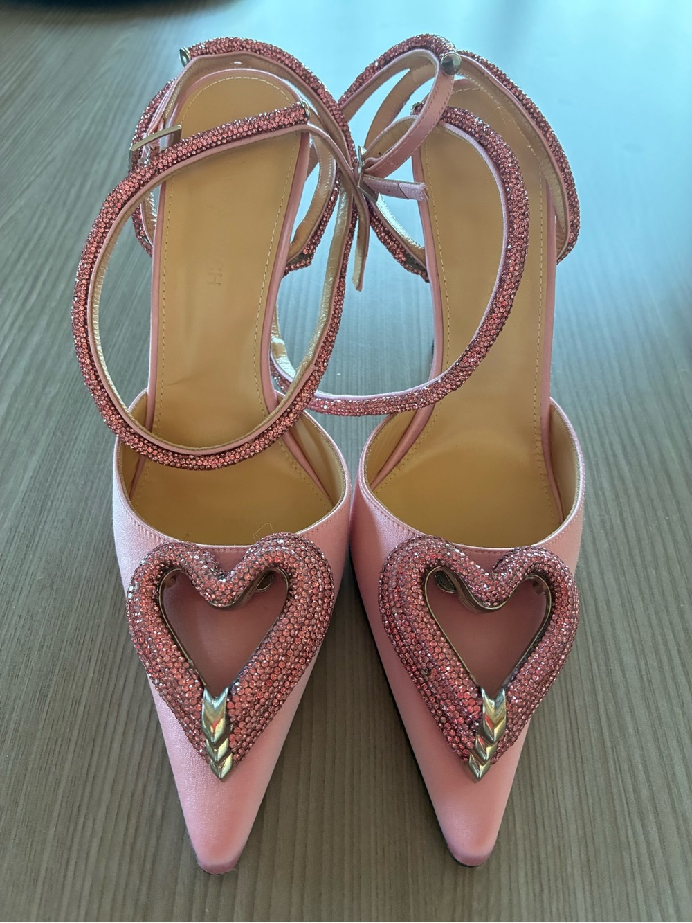 MACH & MACH Pink Crystal Heart Pointed-Toe Ankle-Strap Heels